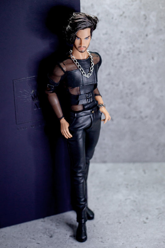 Leather outfit for FR Homme Integrity Toys male doll. Black pants and long-sleeved shirt.