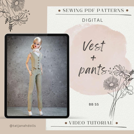 PDF Digital Pattern vest + pants trousers suit for BB SS fashion dolls. Video tutorial.