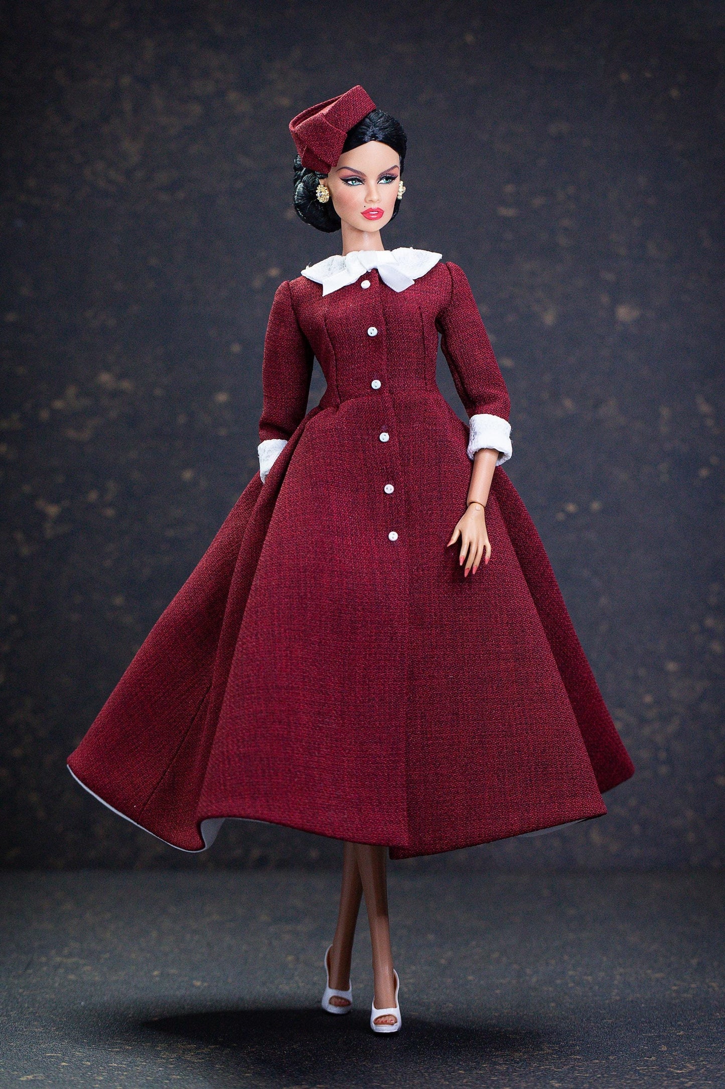 Christmas dress with hat for Integrity Toys Poppy Parker Fashion Royalty Nu Face Tulabelle dolls.