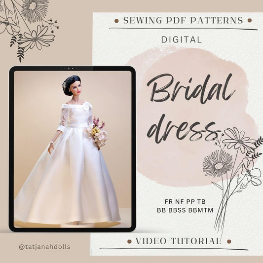 PDF Digital Pattern bridal dress, ball gown dress for BB &amp; Integrity toys dolls. VIDEO tutorial.
