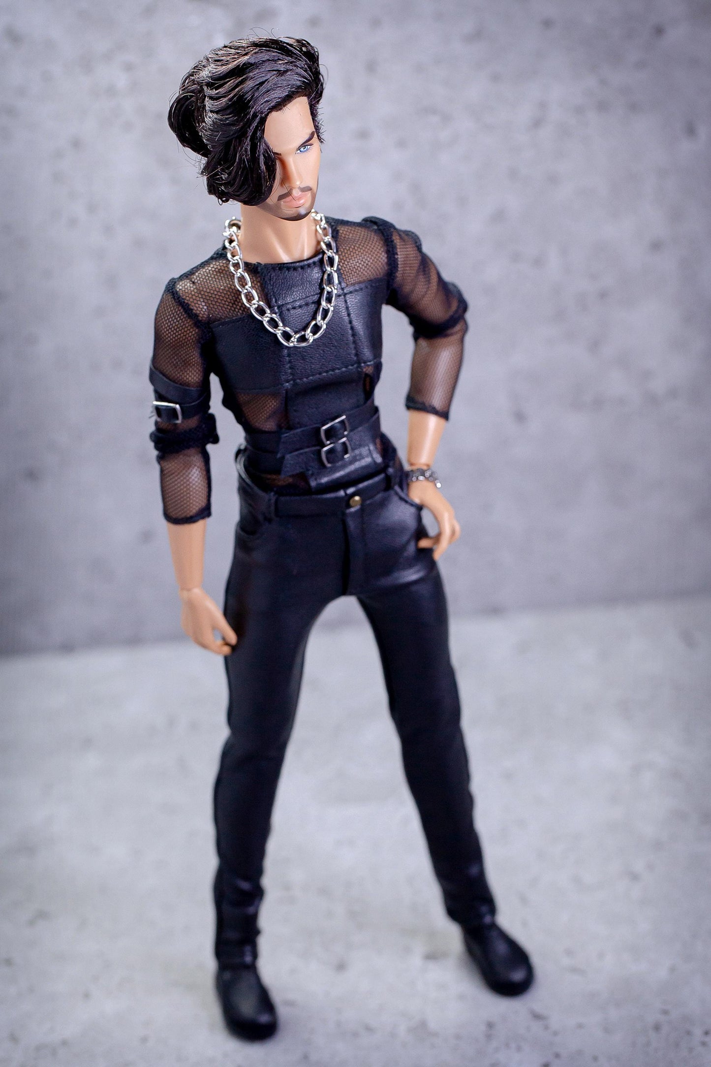 Leather outfit for FR Homme Integrity Toys male doll. Black pants and long-sleeved shirt.