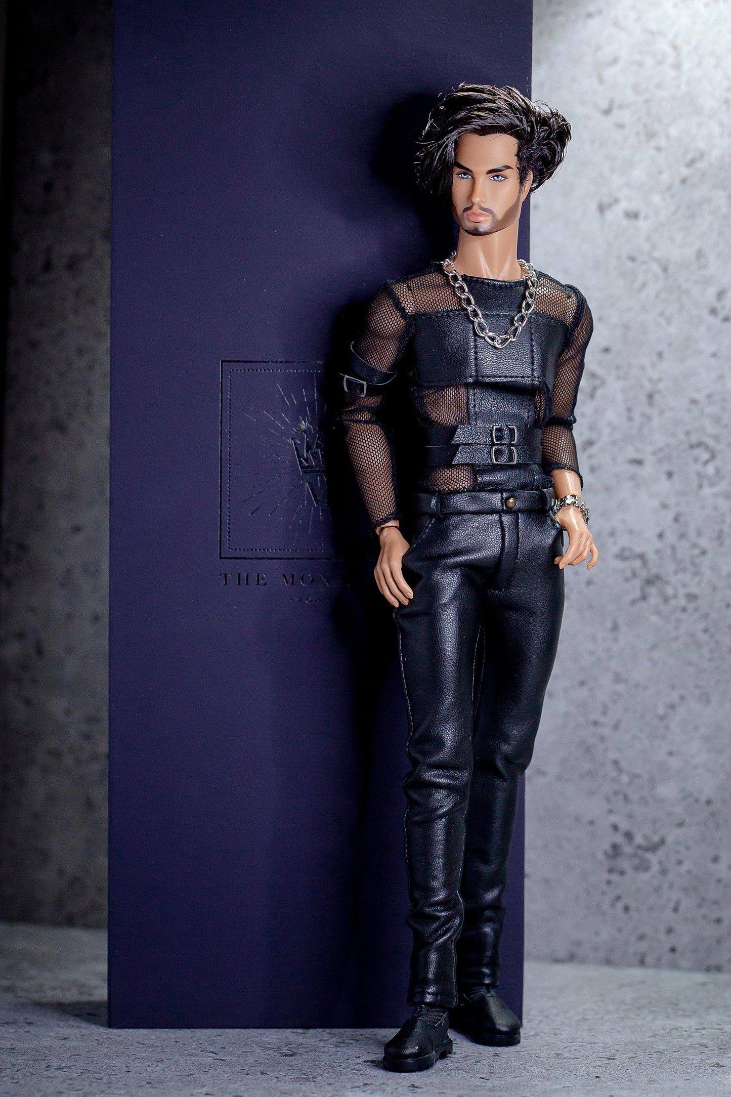 Leather outfit for FR Homme Integrity Toys male doll. Black pants and long-sleeved shirt.