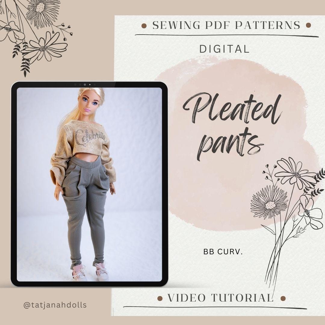 PDF Digital Pattern pleated pants trousers for BB Curv. dolls. Video tutorial.