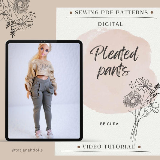 PDF Digital Pattern pleated pants trousers for BB Curv. dolls. Video tutorial.