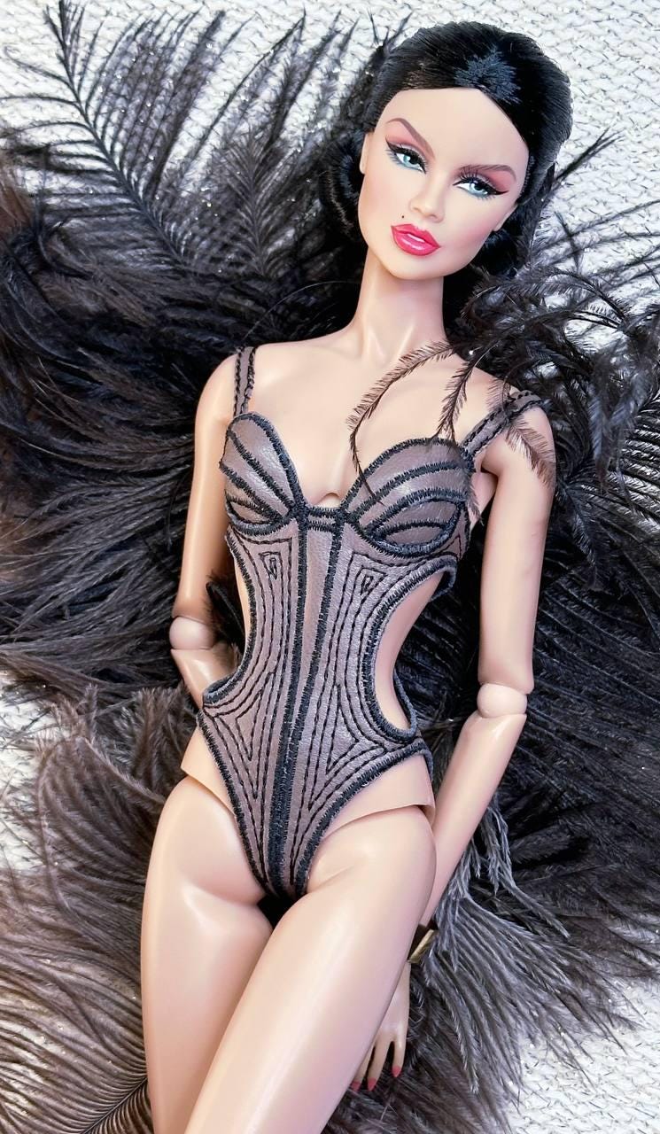 Body Corsage swimsuit made of elastic imitation leather and embroidery pattern for Integrity Toys Fashion royalty dolls