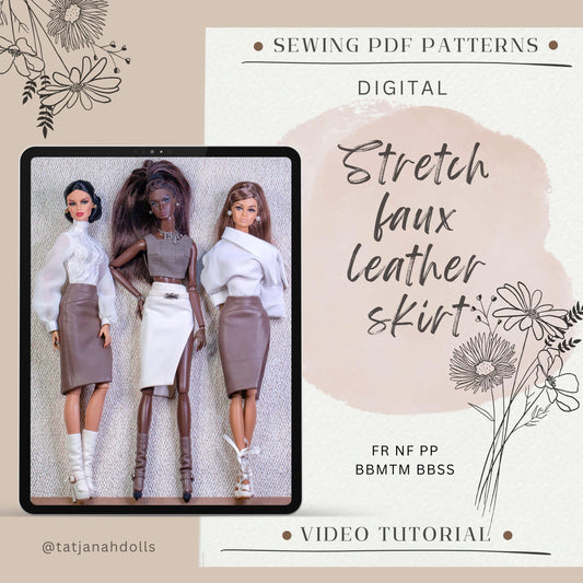 PDF Digital Pattern stretch leather skirt for Fashion Royalty Nu Face BBMTM / SS dolls Integrity toys + video tutorial