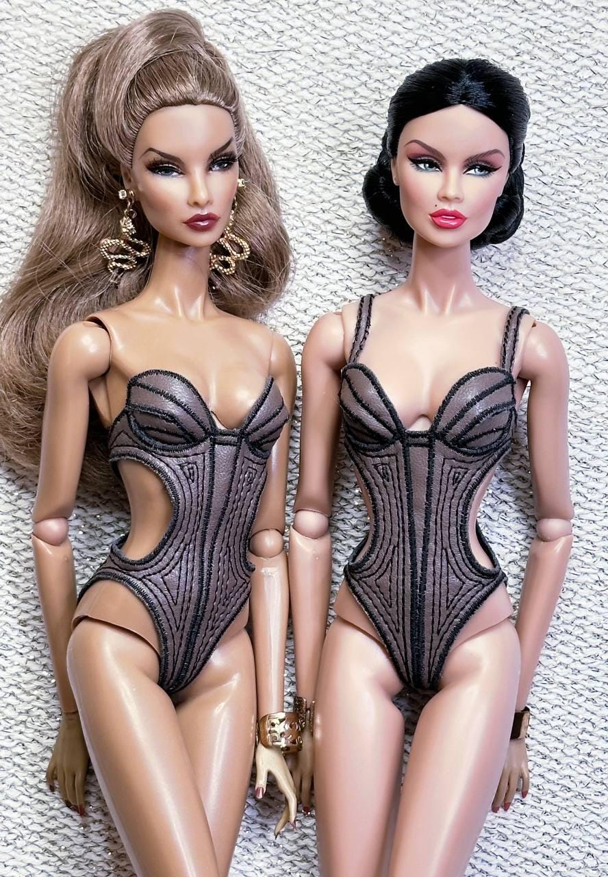 Body Corsage swimsuit made of elastic imitation leather and embroidery pattern for Integrity Toys Fashion royalty dolls
