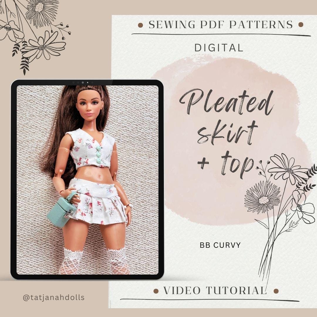 PDF Digital Pattern pleated skirt and top for BB CURVY dolls. + Video tutorial