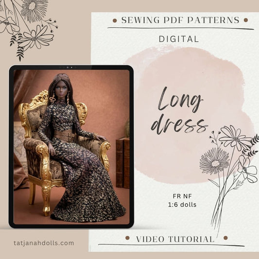 PDF Digital Pattern long dress + belt for Fashion Royalty Nu Face doll Integrity toys. Video Tutorial.