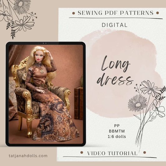 PDF Digital Pattern long dress for Poppy Parker and BB MTM dolls +Video sewing tutorial